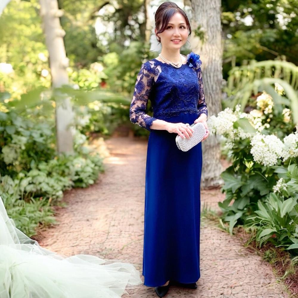 9号（M）【コニーシェイラドレス】袖ありレースのネイビー母親ロング