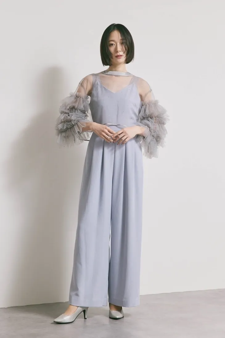 サックスブルーのラッフルトップスパンツドレスドレス[M] Ameri