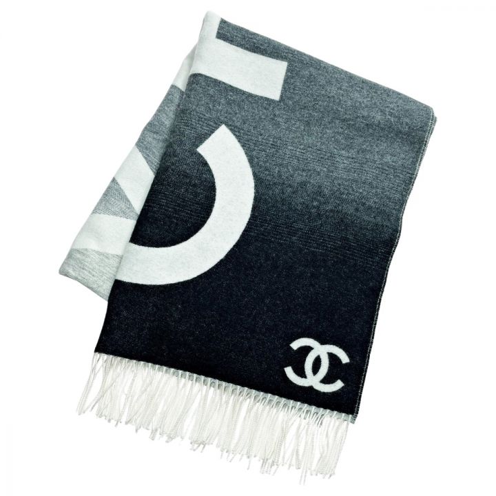 CHANEL シャネル 大判ストール ブラック×ホワイト ココマーク ロゴ柄