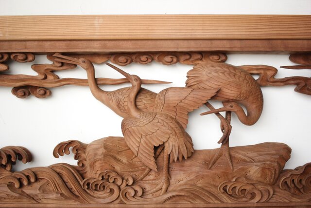 井波彫刻 野村清雲 細密木彫雲鶴 欄間 2枚1組 R0411Y｜骨董店 のびる