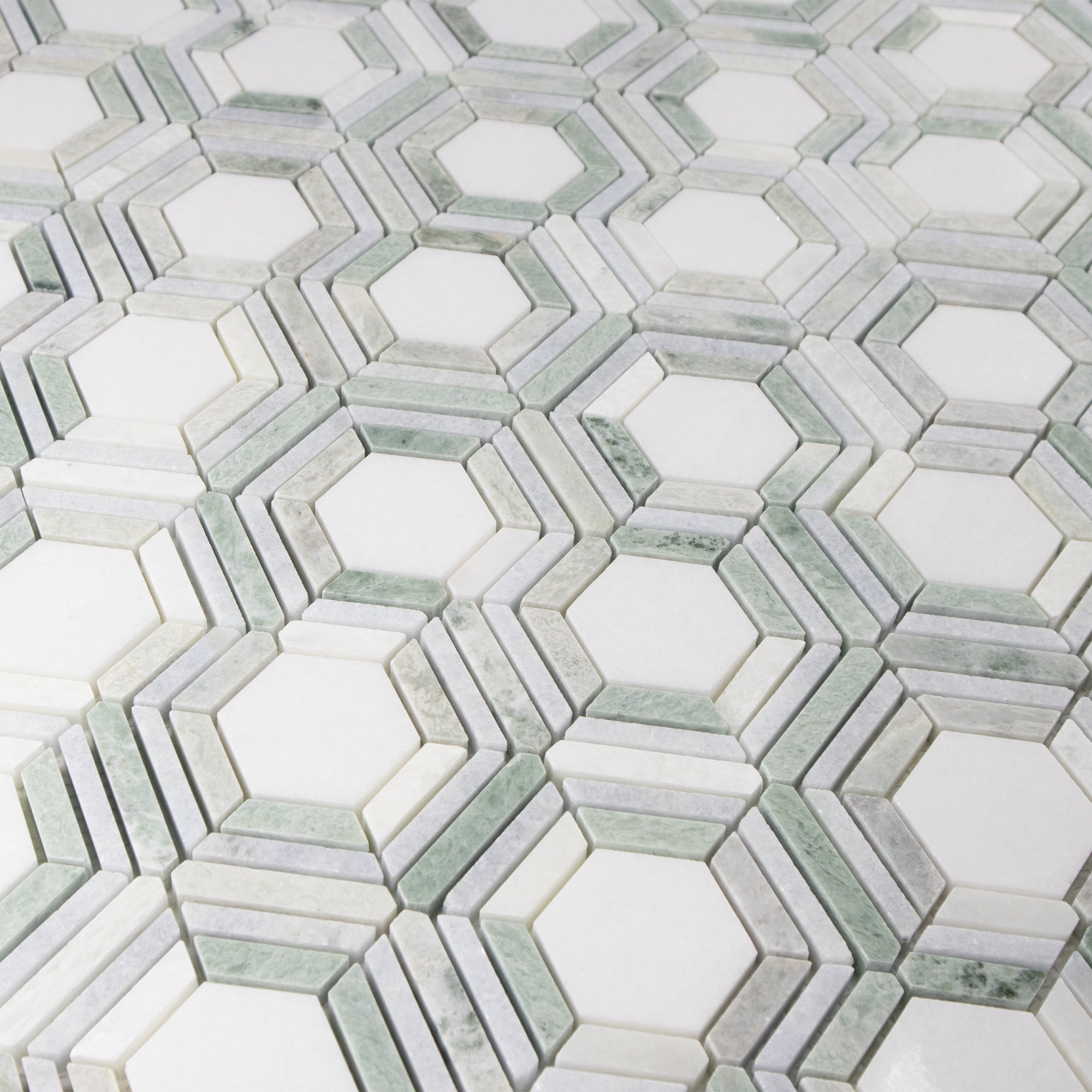 White Thassos Kaleidoscope with Blue Celeste and Ming Green Mosaic