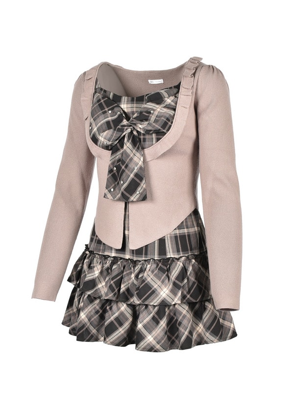 Frill Cardigan Check Ribbon Onepiece｜Rilly emulie