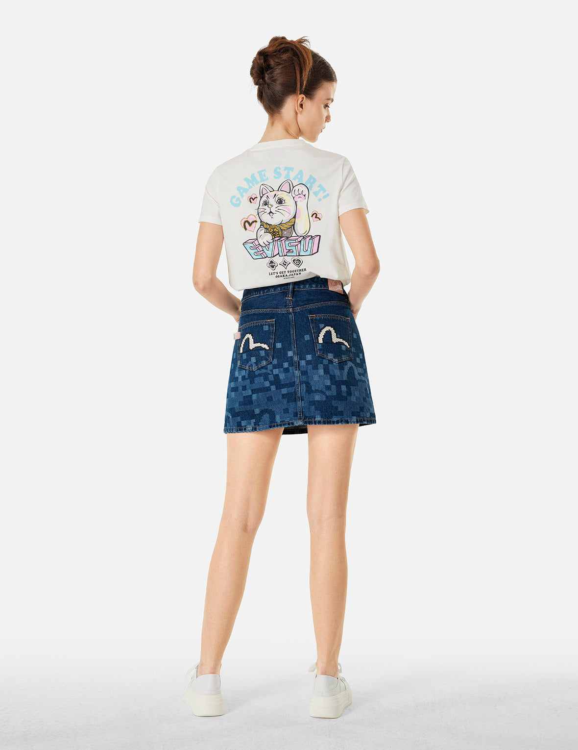 ピクセルカモメ刺繍とプリントレギュラーフィットデニムスカート – EVISU