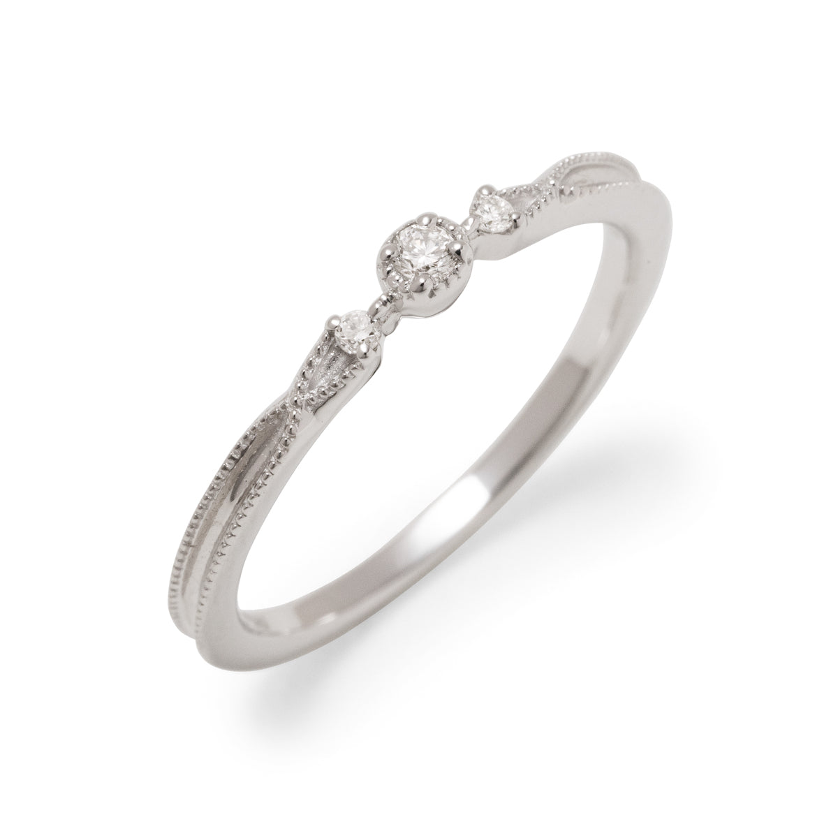 ダイヤモンドリング 3石 0.04ct ミル打ち K10WG ホワイトゴールド