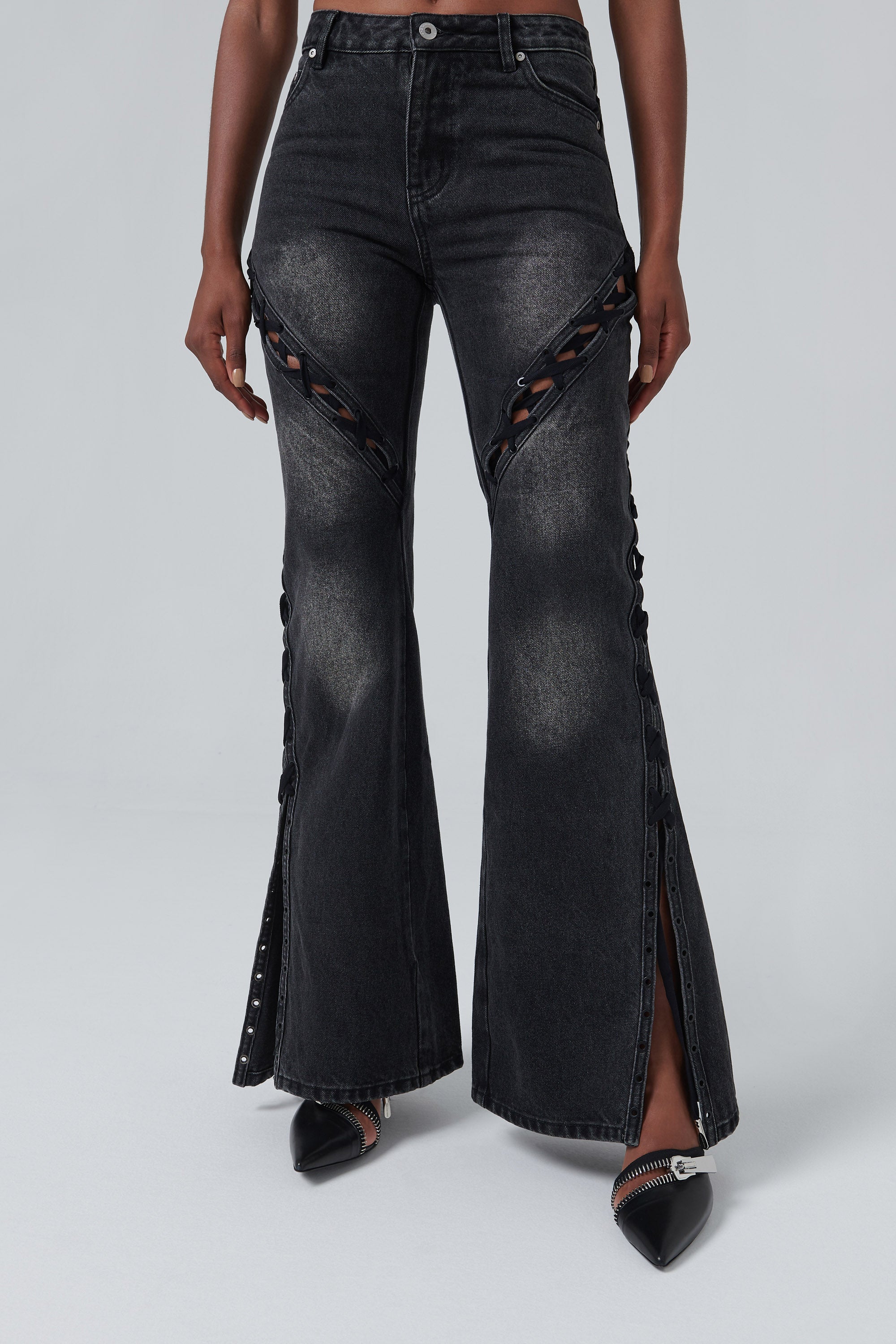 Feng Chen Wang Black Deconstruction Lace-Up Jeans