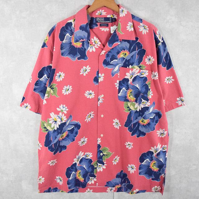 90年代 90s ポロラルフローレン 花柄 オープンカラー ピンク 開襟 半袖