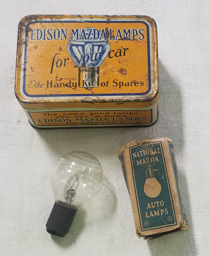 ANTIQUE 1930'S EDISON GE MAZDA LAMP TIN WITH 1 CAR-AUTO LIGHT BULB