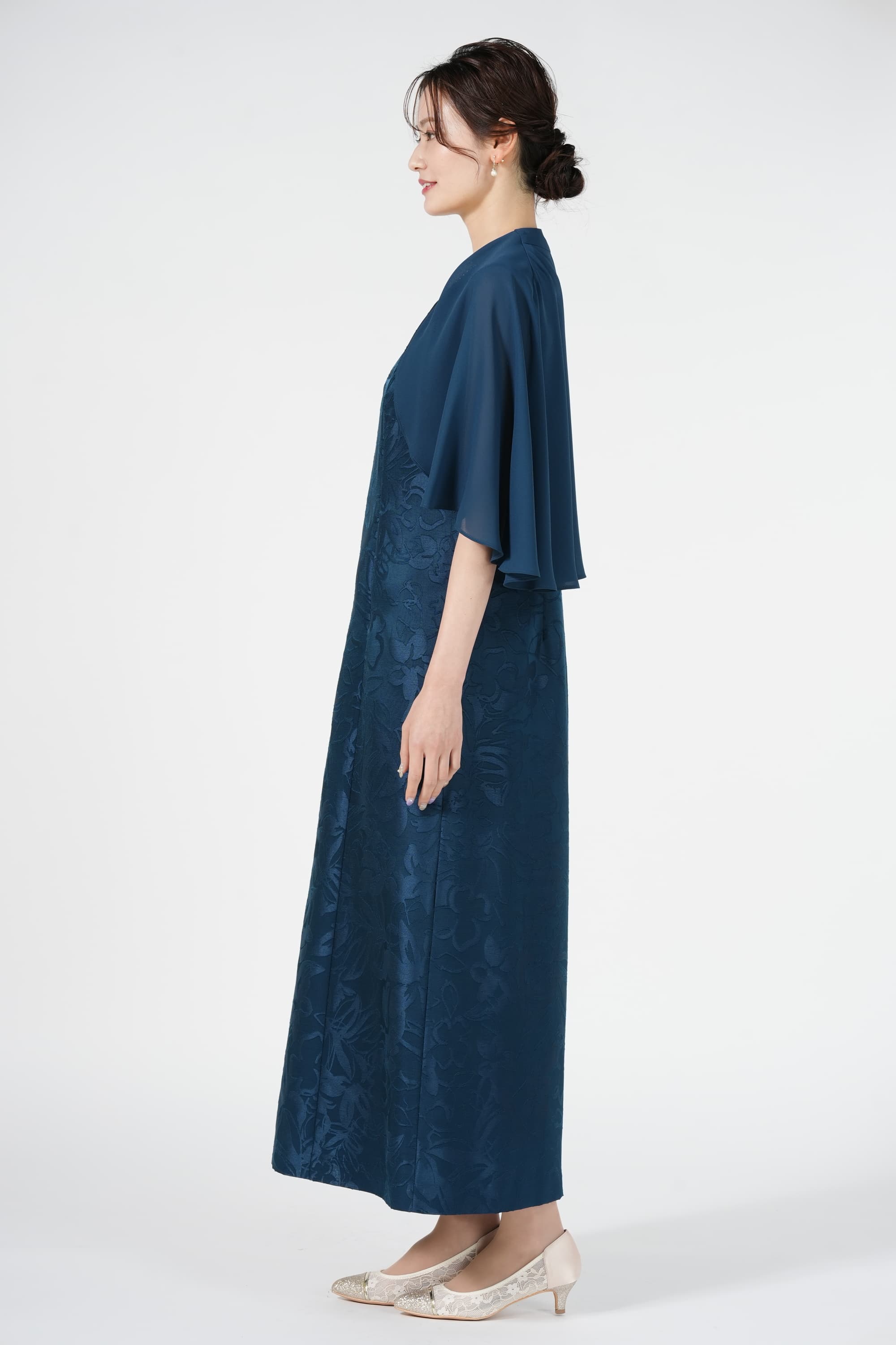 Apploberry 東京ソワール ケープ袖エレガントブルーグリーンドレス (3L