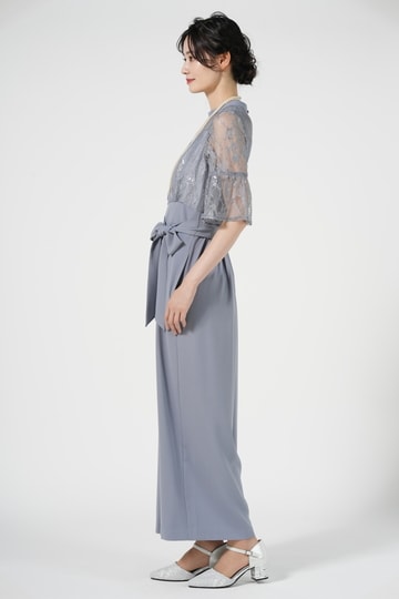 LAISSE PASSE レースドッキングくすみブルーパンツドレス (S) を