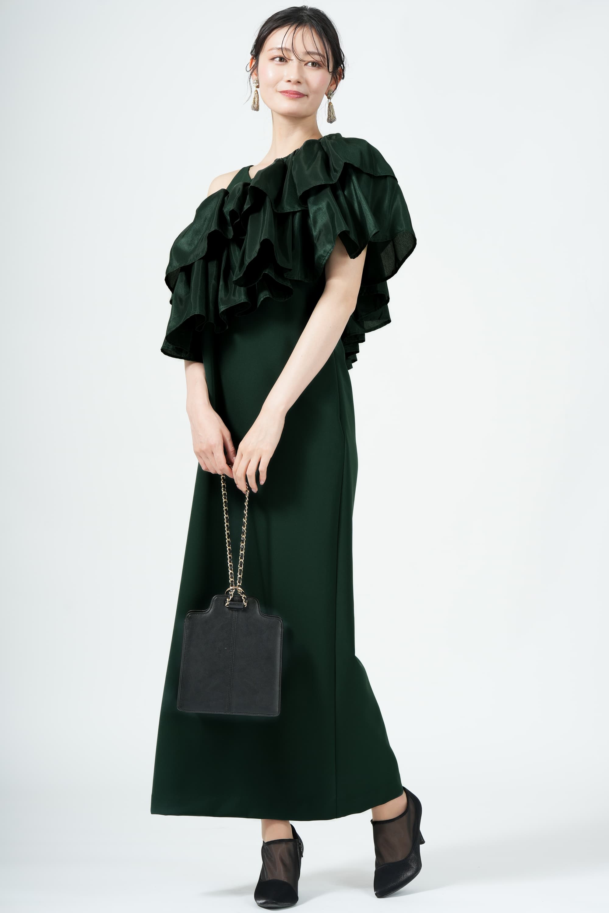 Ameri VINTAGE 光沢ティアードレイヤードグリーンドレス (M) を