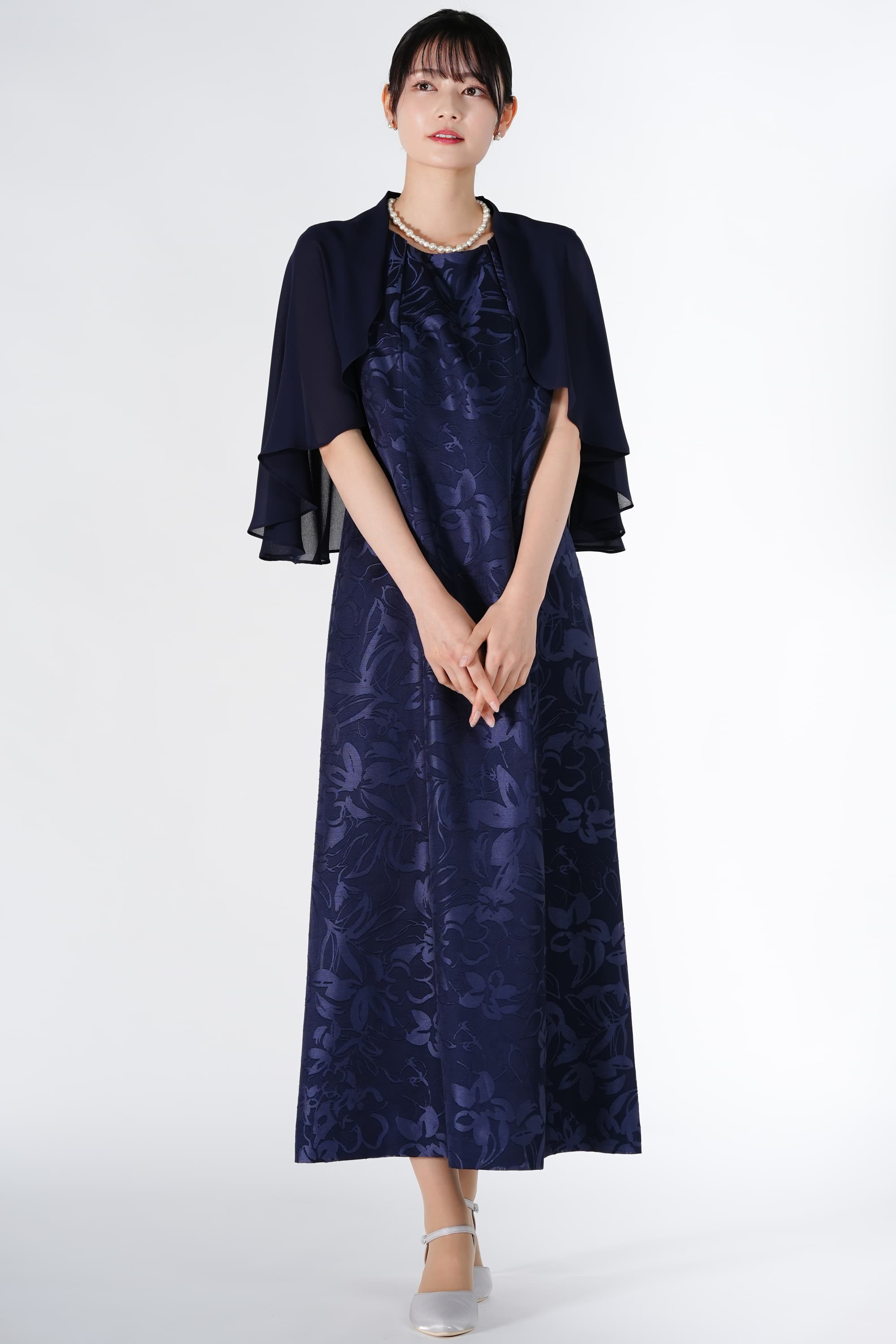 Apploberry 東京ソワール ケープ袖エレガントネイビードレス (LL〜3L