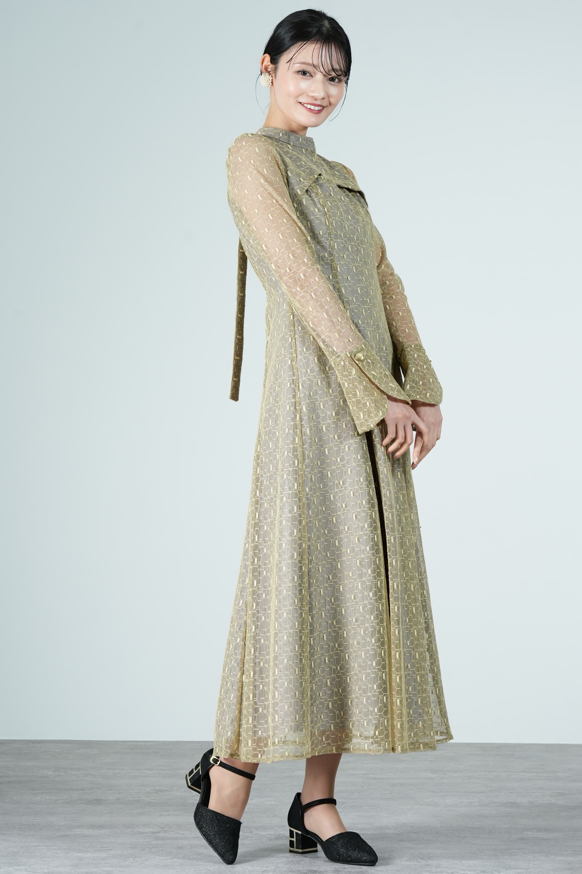 ANDRESD 幾何学柄バックシャンイエロードレス (L) をレンタル - 結婚式