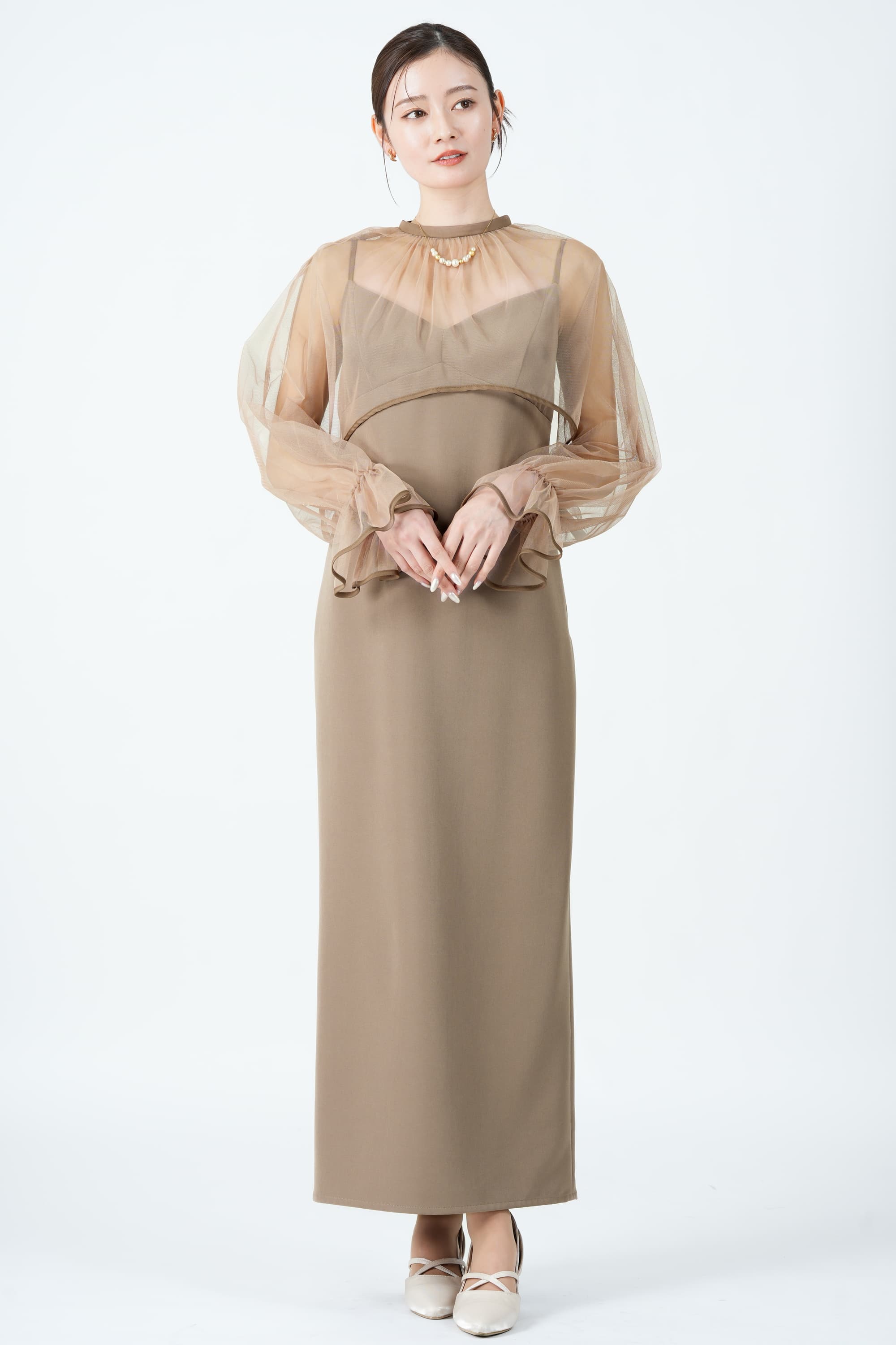 Ameri VINTAGE シアーチュールトップス付きベージュドレス (S) を