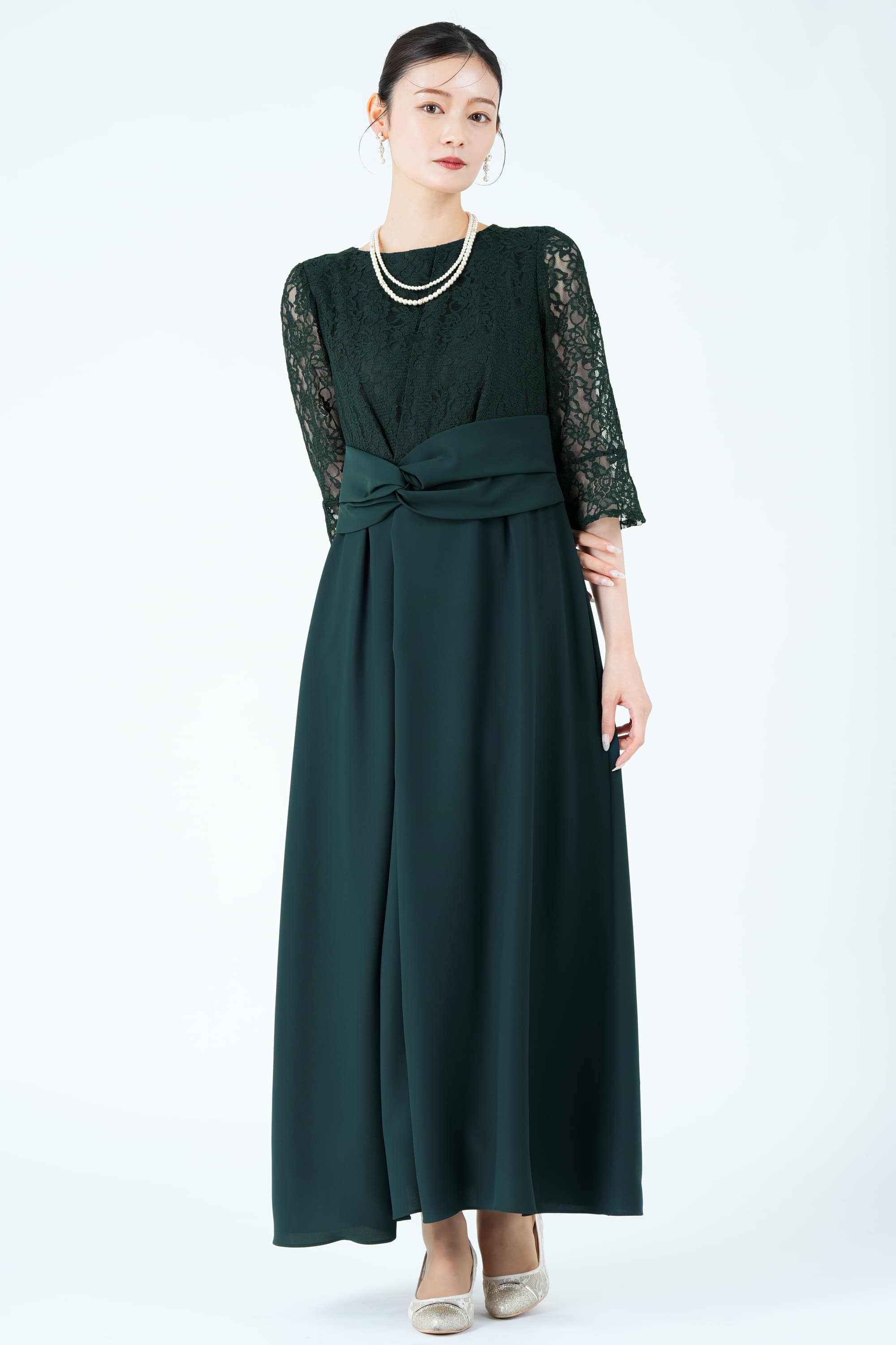 form forma 東京ソワール クロスウエストラップ風グリーンドレス (M