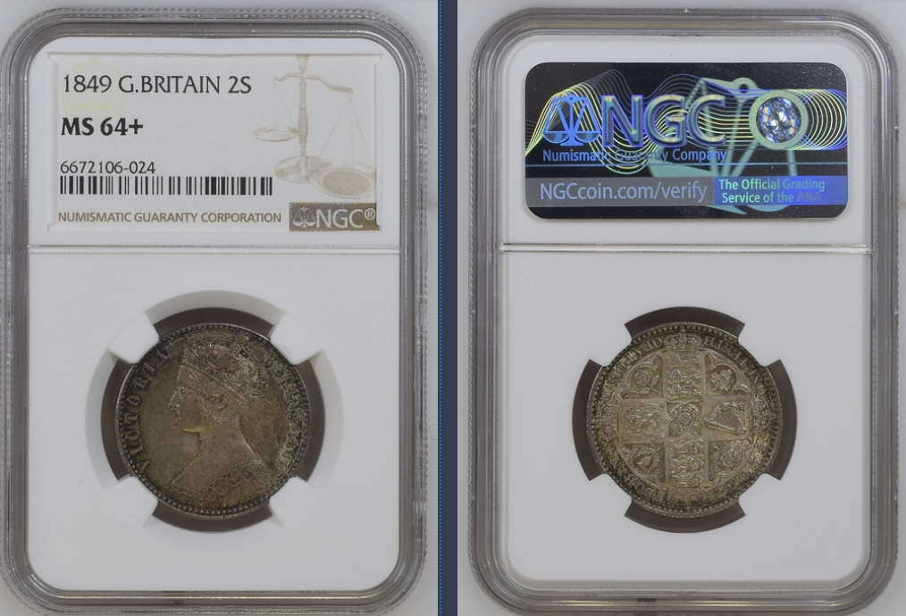 1849年 英国 ヴィクトリア女王 ゴシック ゴッドレス フローリン銀貨