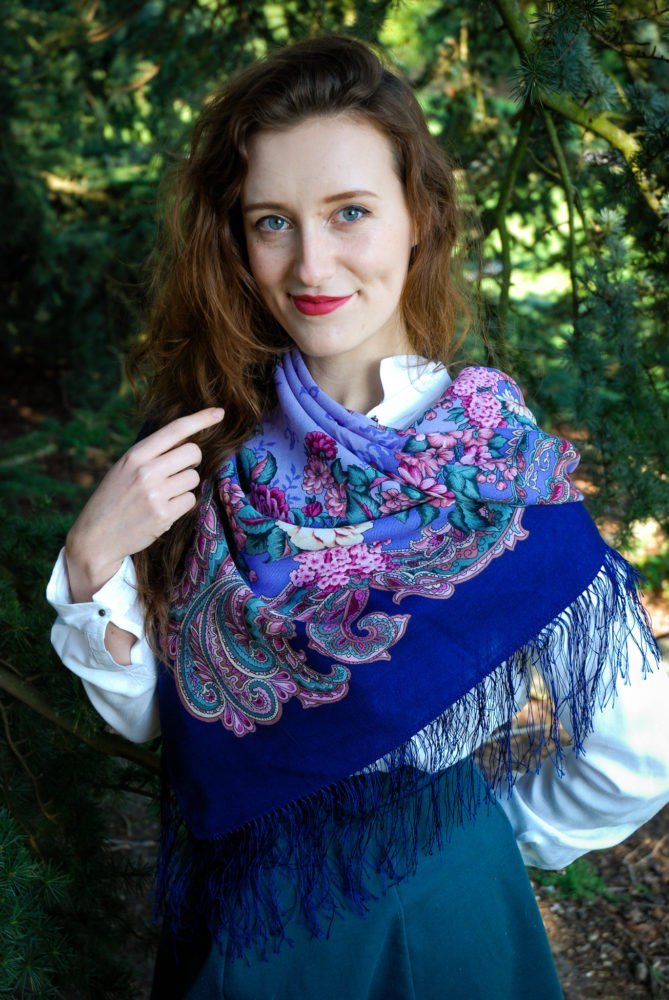 Wool shawl wrap for woman Russian Pavlovo Posad Scarf with Silk