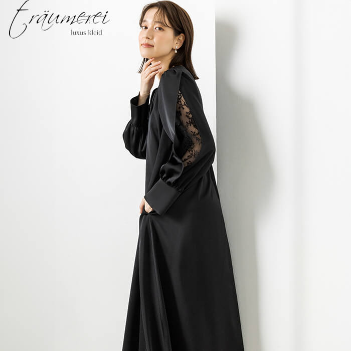 WEB限定｜袖スリットテントラインドレス 13号・ブラック｜東京