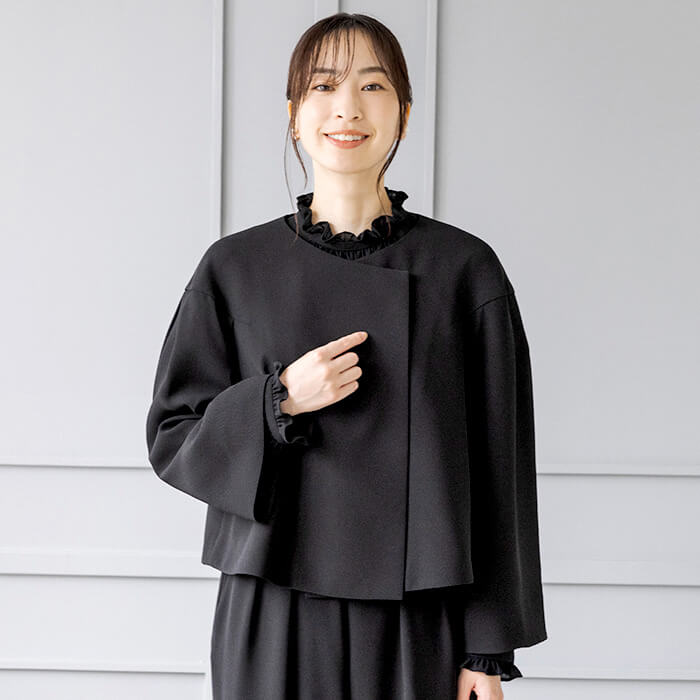 洗える｜ノーカラーのボレロジャケット M・ブラック｜東京ソワール