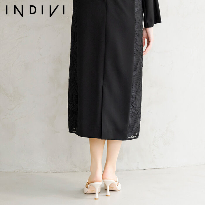 Iラインシルエットのレース切替ワンピース 11号・ブラック｜東京