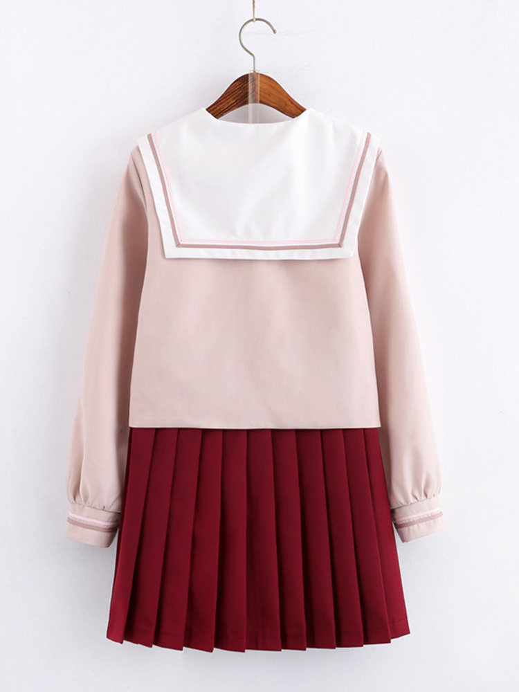 清楚系セーラー風 長袖プリーツスカート制服セット ピンク色|制服