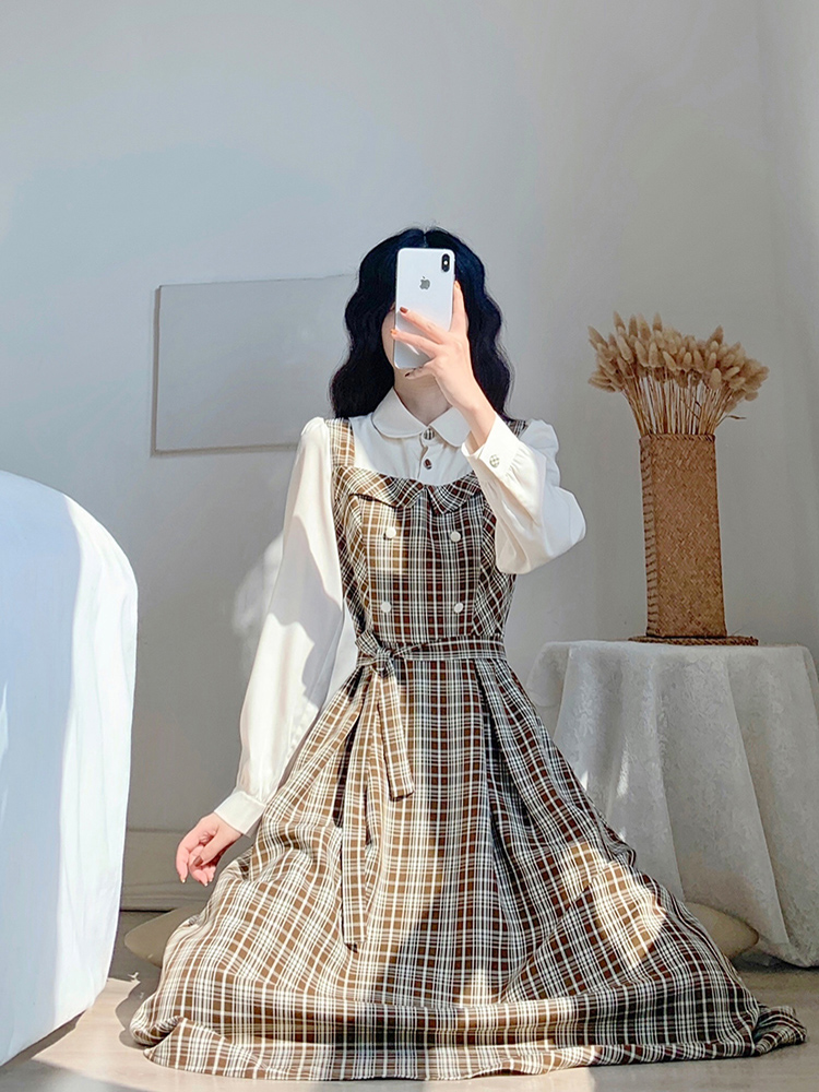 チェック服 レトロ風チェック柄レイヤード風ワンピース ワンピース
