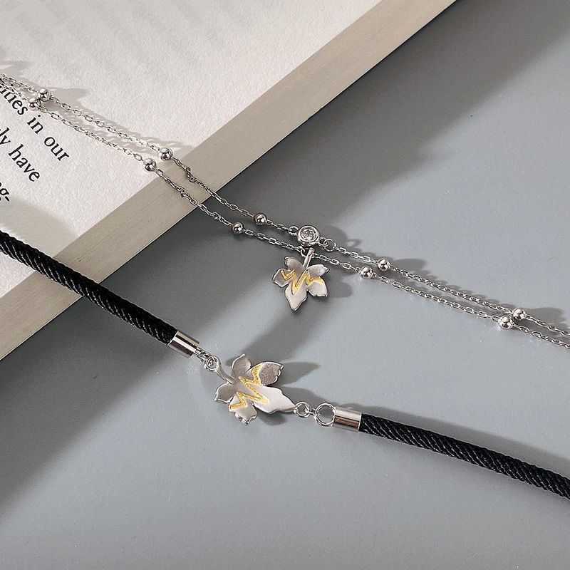 ペアブレスレット 花モチーフ付き二連チェーンブレスレット シルバー