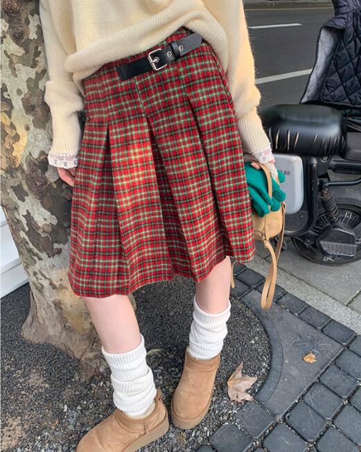 チェック柄プリーツスカート ハイウエスト膝丈 膝丈|プリーツスカート
