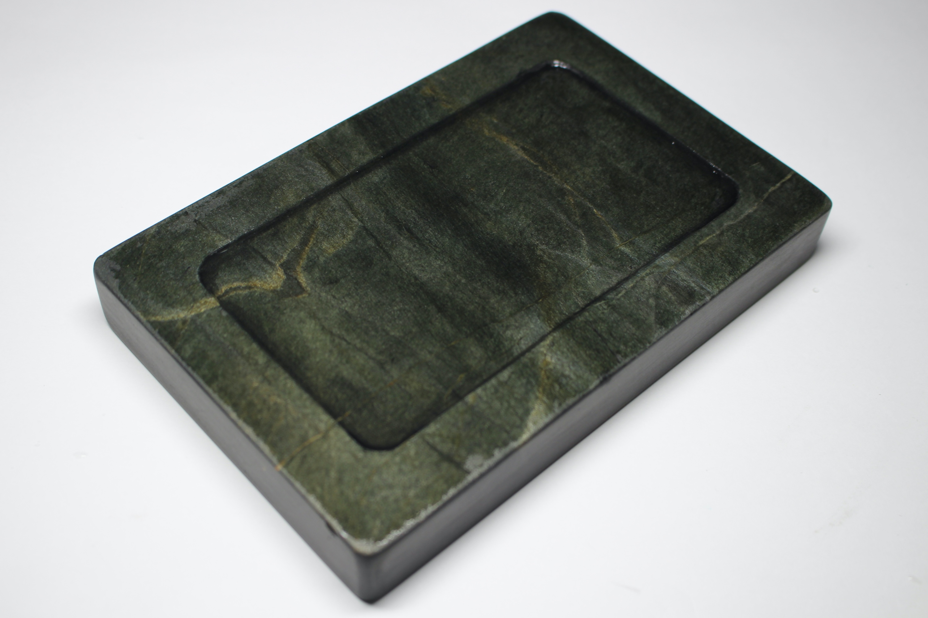 歙州門字硯】◇金暈金星・金花紋・水波刷絲紋の青琅玕美石◇九吋◇唐木