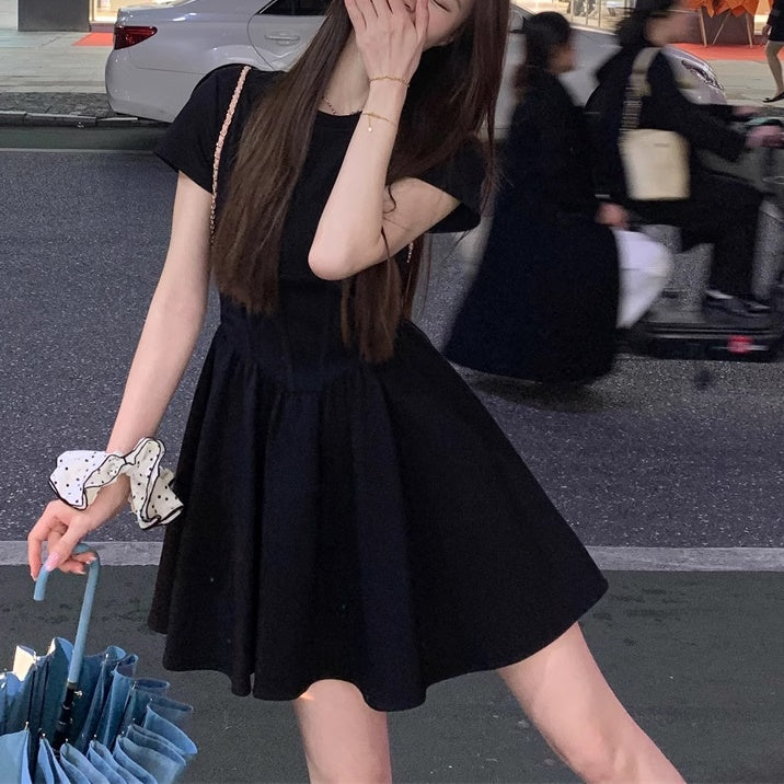ミニ フレア ワンピース レディース 韓国 ファッション 半袖 黒