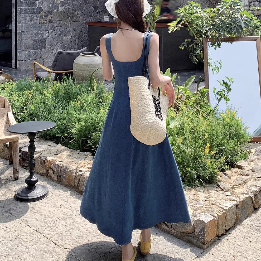 デニム ワンピース 韓国 夏 Aライン フレア ノースリーブ ロング