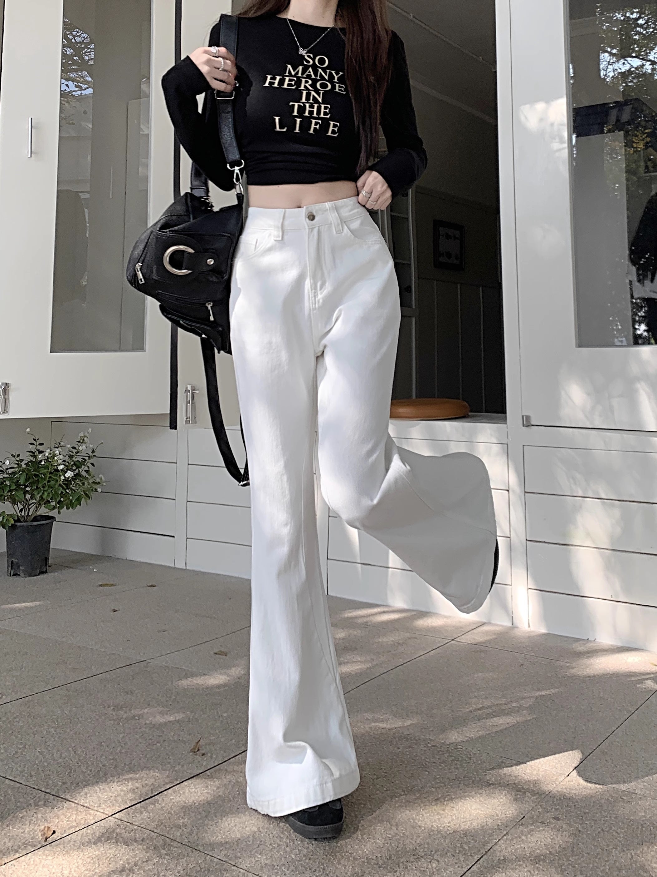 ホワイト デニムパンツ レディース 韓国 ファッション 白デニム ブーツ