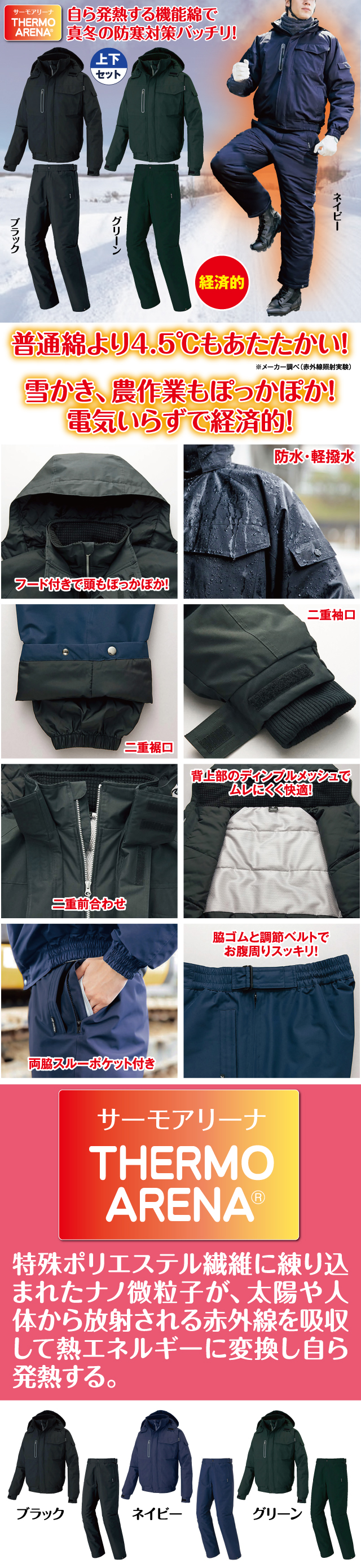自ら発熱するサーモアリーナ防寒防水スーツ上下セット│身近な優れもの