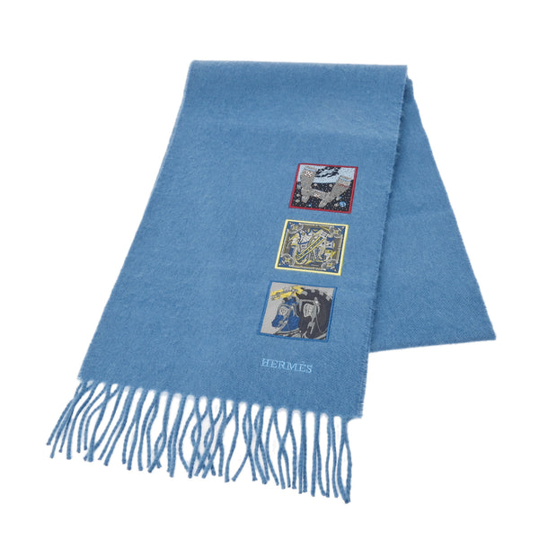新品未使用⁄HERMES カシミヤ100% マフラー 水色系 フリンジ付き 新品未