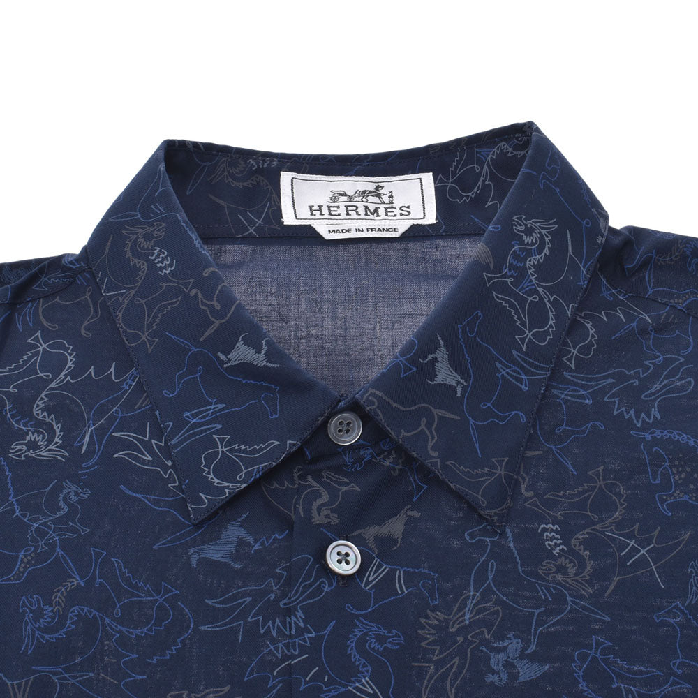 Hermes horse / dragon pattern dark blue men long sleeves shirt
