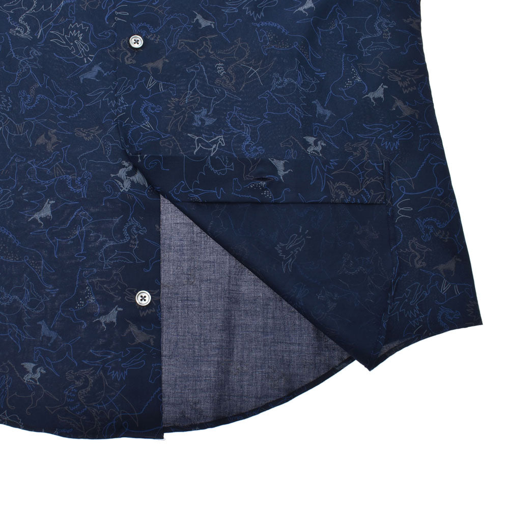 Hermes horse / dragon pattern dark blue men long sleeves shirt