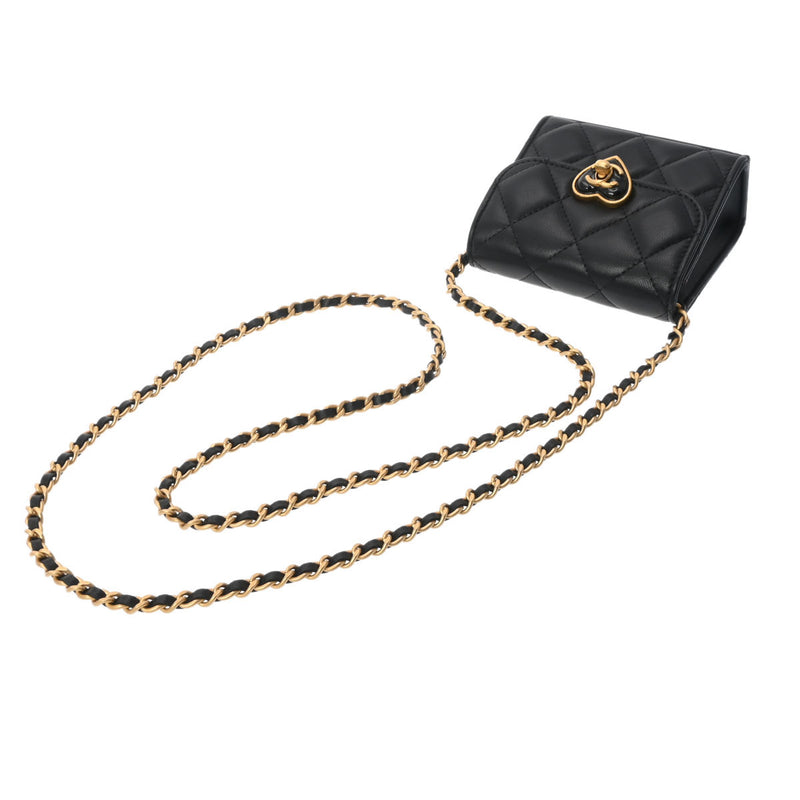 シャネルミニチェーンショルダー ハート 42976 黒 ゴールド金具