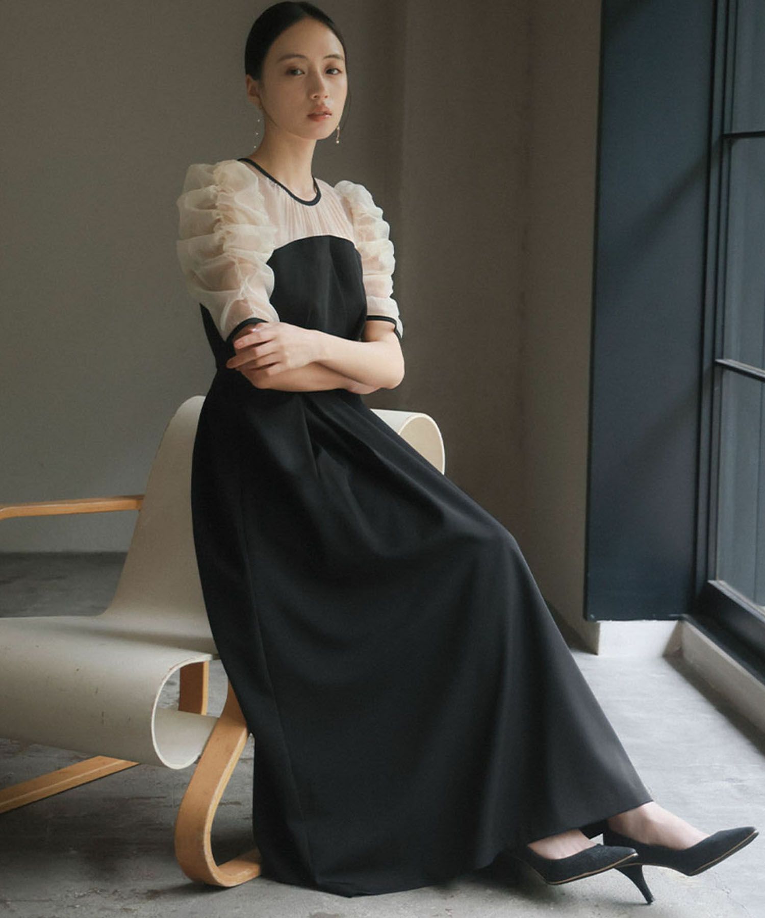 結婚式・お呼ばれ対応 | ギャザースリーブタックワンピースドレス