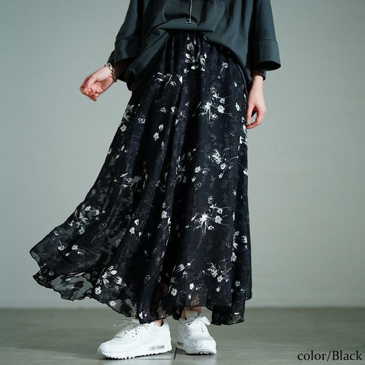 大きいサイズ レディース 花柄シフォンジャガードフレアスカート maru