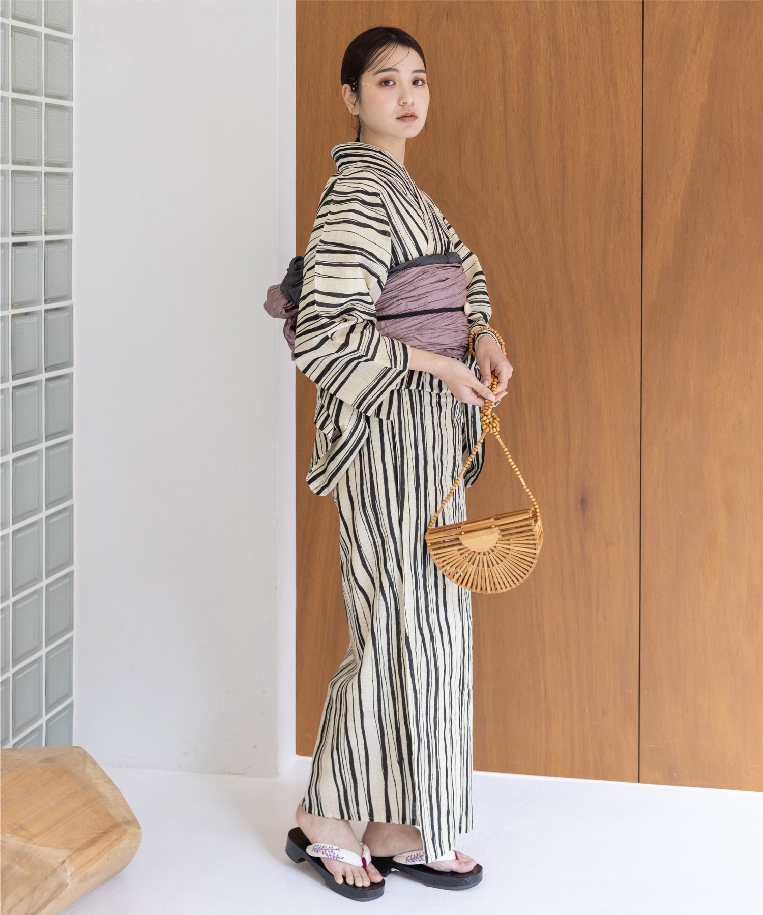 こだわり浴衣5点セット (浴衣/帯/下駄/腰紐/着付け冊子) 麻混 綿麻 先