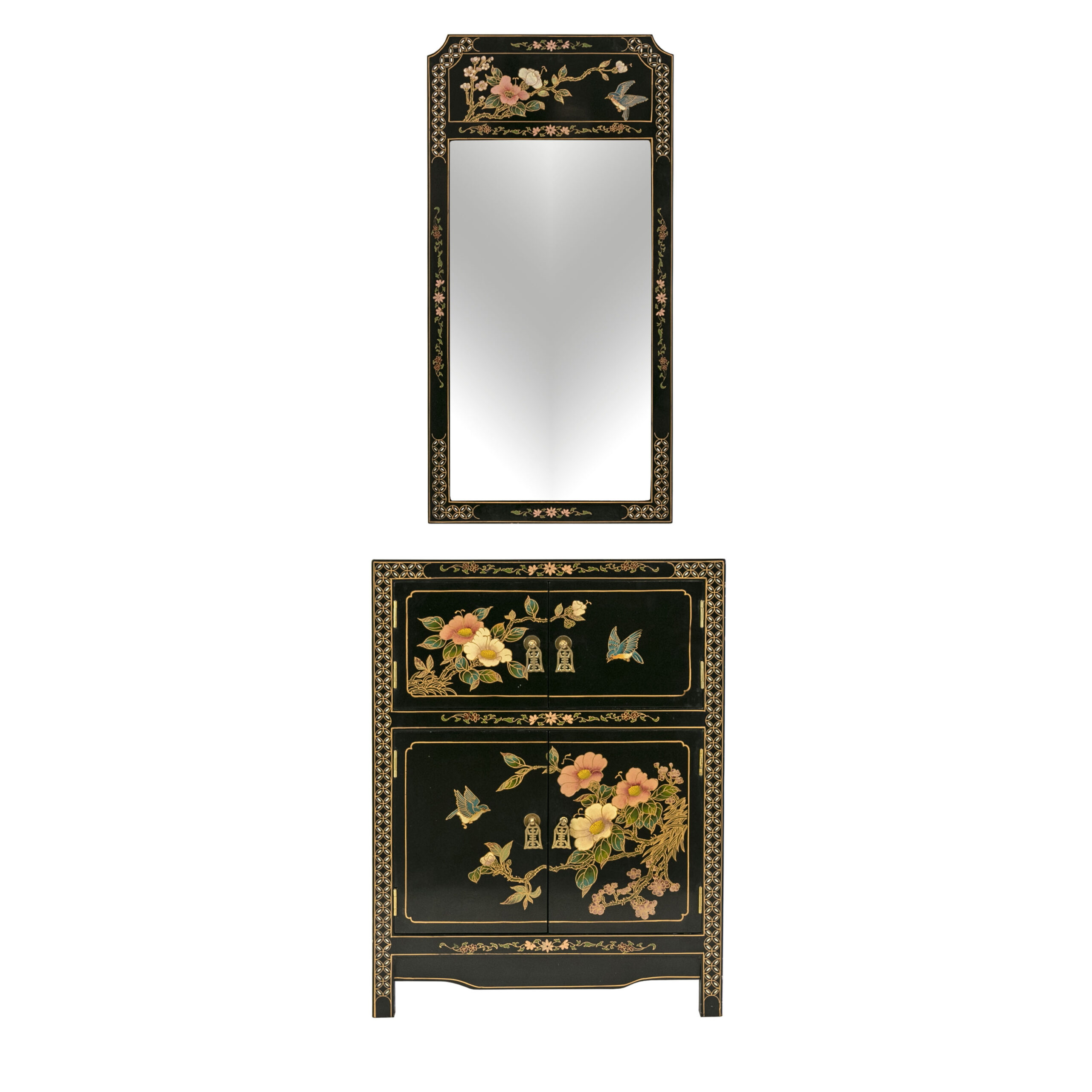Vintage Asian Inspired Black Lacquered Cabinet with Wall Mirror