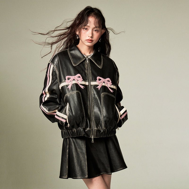 DIDDI MODA Sweet and cool ribbon retro black leather jacket – 個性