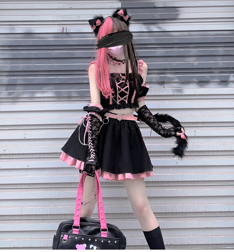 Y2K 黒猫 ピンクと黒の地雷系キュートセットアップ – 個性的な