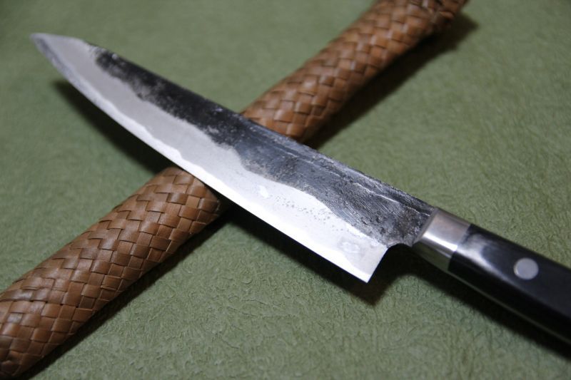 名工 邑田武峰 武峰作 黒打ち青紙1号 ペティ135mm ステン口金付