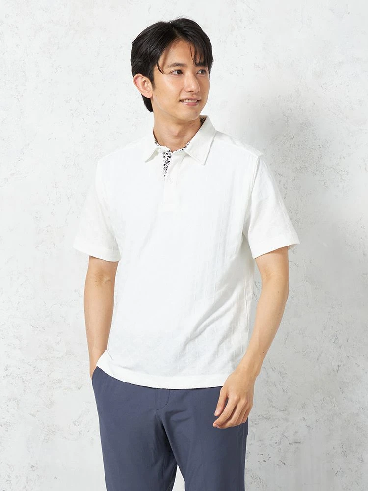 ホワイト 【RUCKEN BACCHAR】半袖 ポロシャツ 衿裏配色 幾何学