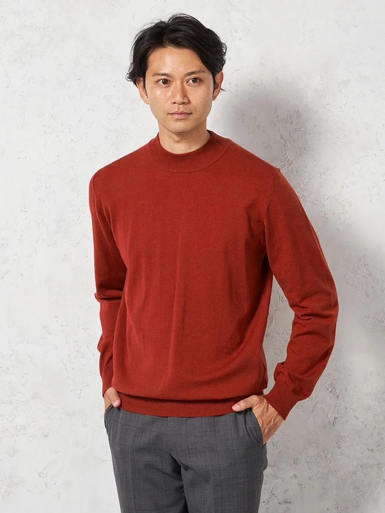 オレンジ 【ウォッシャブル】長袖ニット ファイブミックス モック