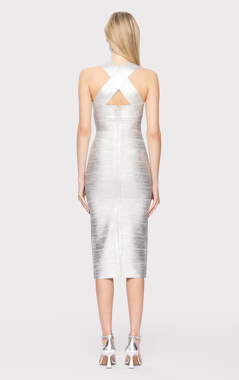 FOIL HALTER X-BACK MIDI DRESS – HERVÉ LÉGER