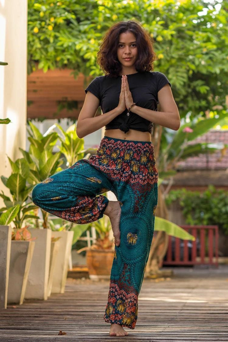 Teal Elephant Print Flowy Yoga Pants | Hippie-Pants.com – Hippie Pants
