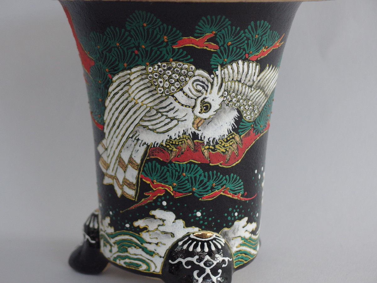 蘭鉢 錦鉢 猫足 三足 桜 花鳥図 白 けやき窯・希少作品【白磁吹き墨