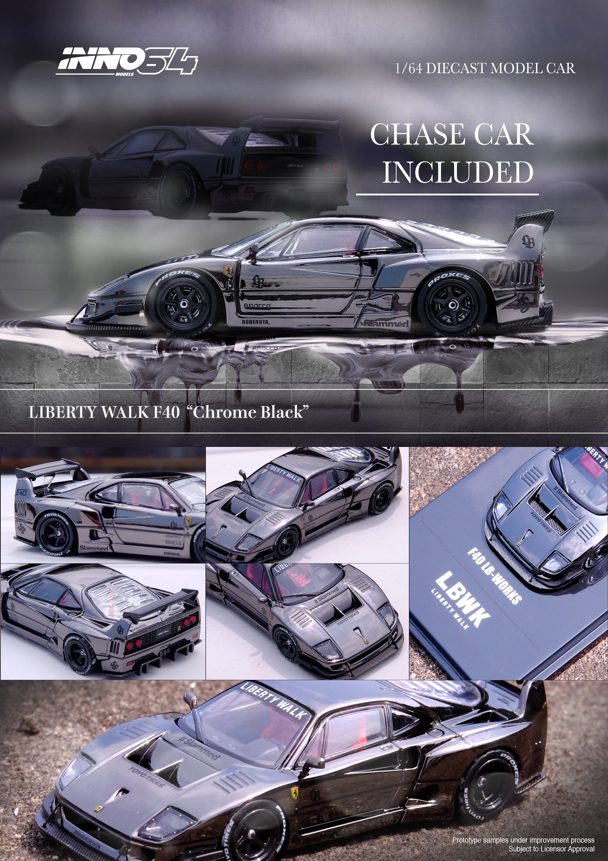Inno64 1:64 LBWK Ferrari F40 Chrome Black (Chance of Random Chase