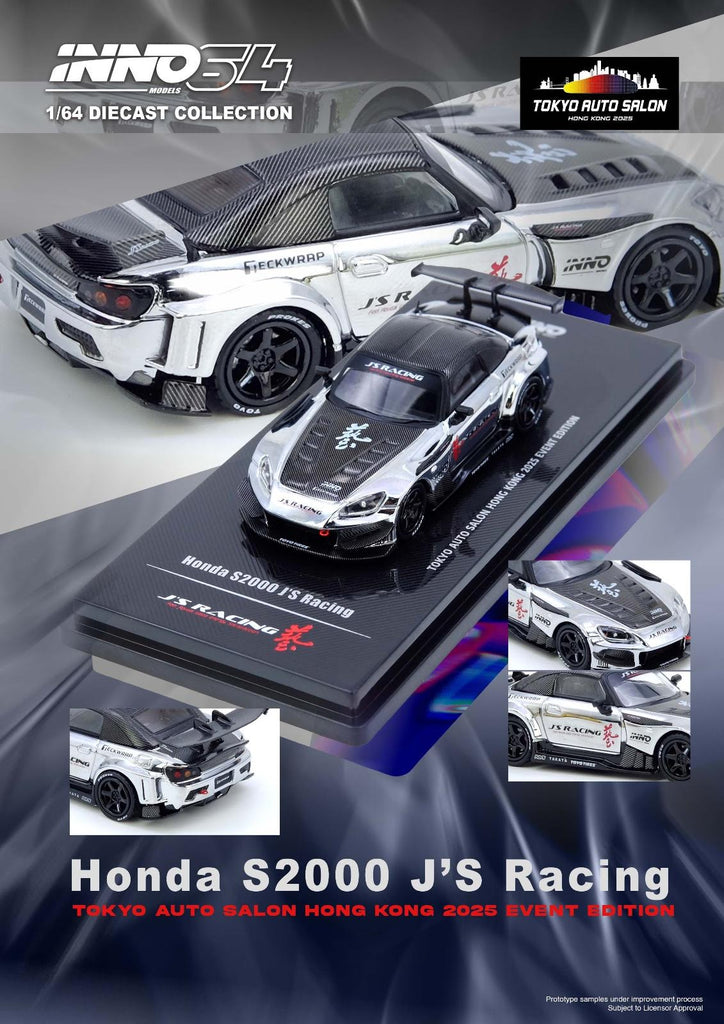 INNO64 1:64 HONDA S2000 J'S RACING CHROME SILVER TOKYO AUTO SALON
